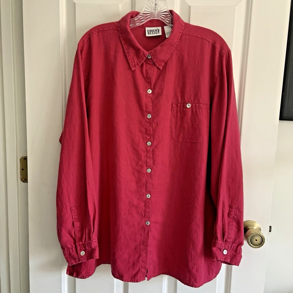 Vintage Chico's Long Sleeve Linen Shirt Shell Buttons Women sz 3 or XL Pink